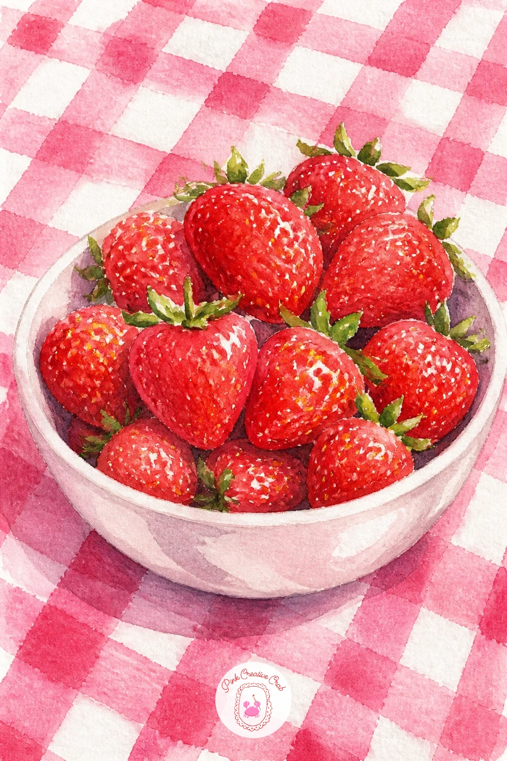 Bowl Of Strawberries On Gingham — Start with the gingham cloth, since it sets the mood for the whole page. Watercolor strawberries