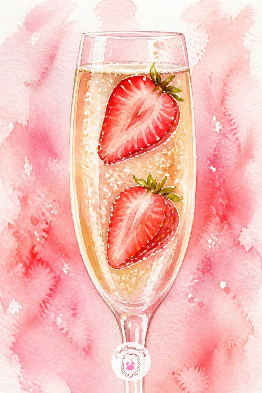 Strawberries In A Glass Of Champagne — Move from dessert to drink with this one, a tall flute catching the light. Watercolor strawberries