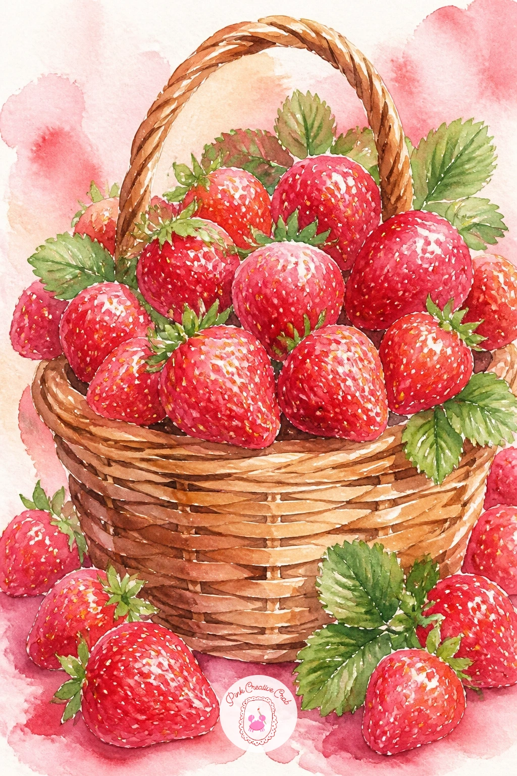 Basket Of Freshly Picked Strawberries — After the glassware, it is a relief to paint something as forgiving as a woven basket. Watercolor strawberries
