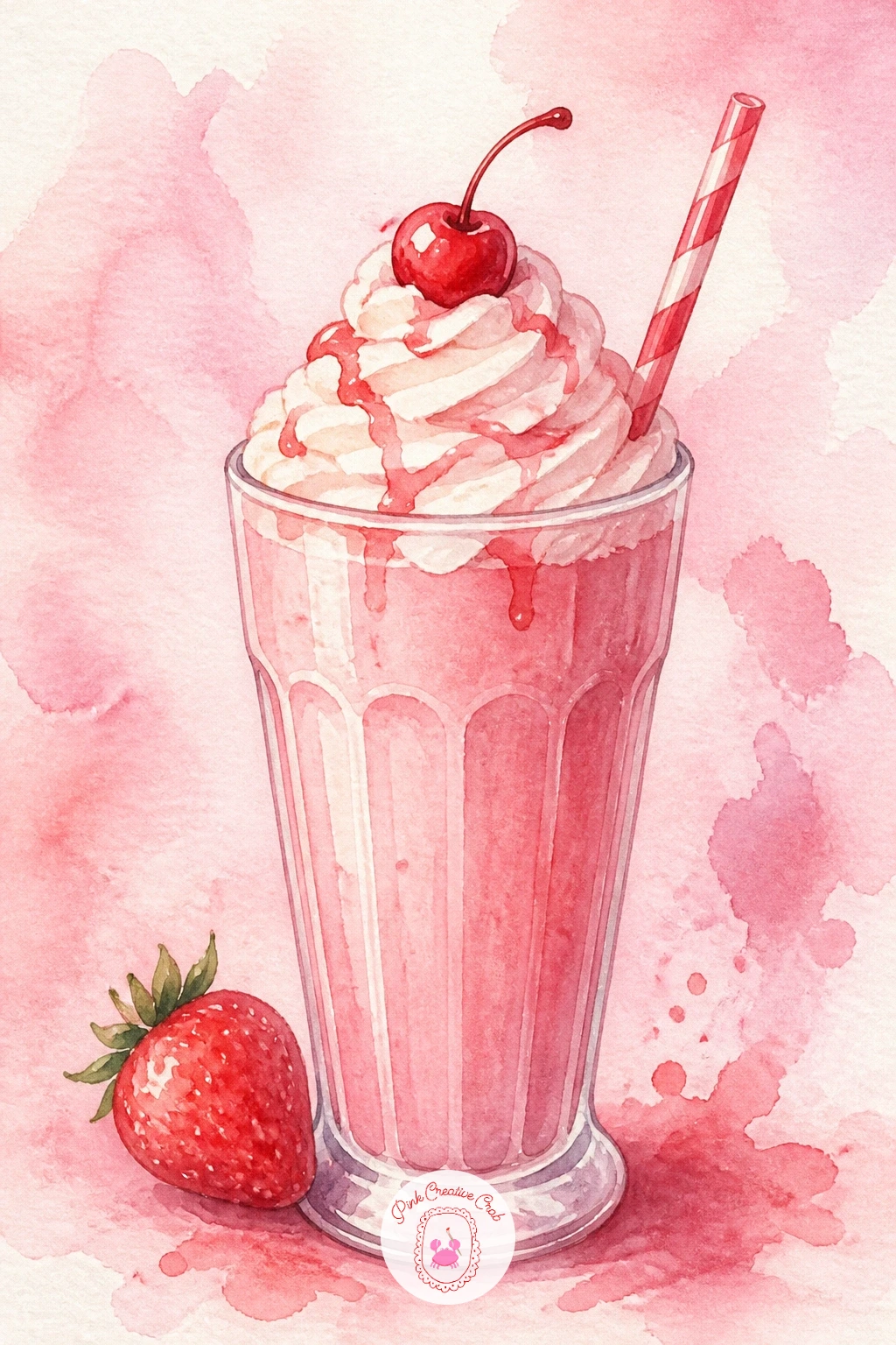 Strawberry Milkshake With A Straw — Carry the pink mood into a tall glass for this one. Watercolor strawberries