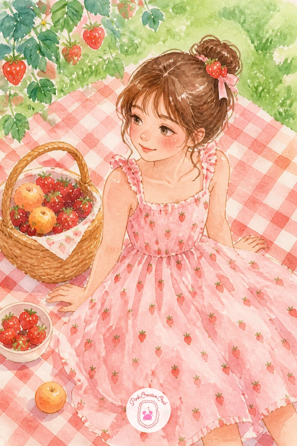 Girl In A Strawberry Print Dress At A Picnic — This one brings a figure into the mix, so keep her simple. Watercolor strawberries