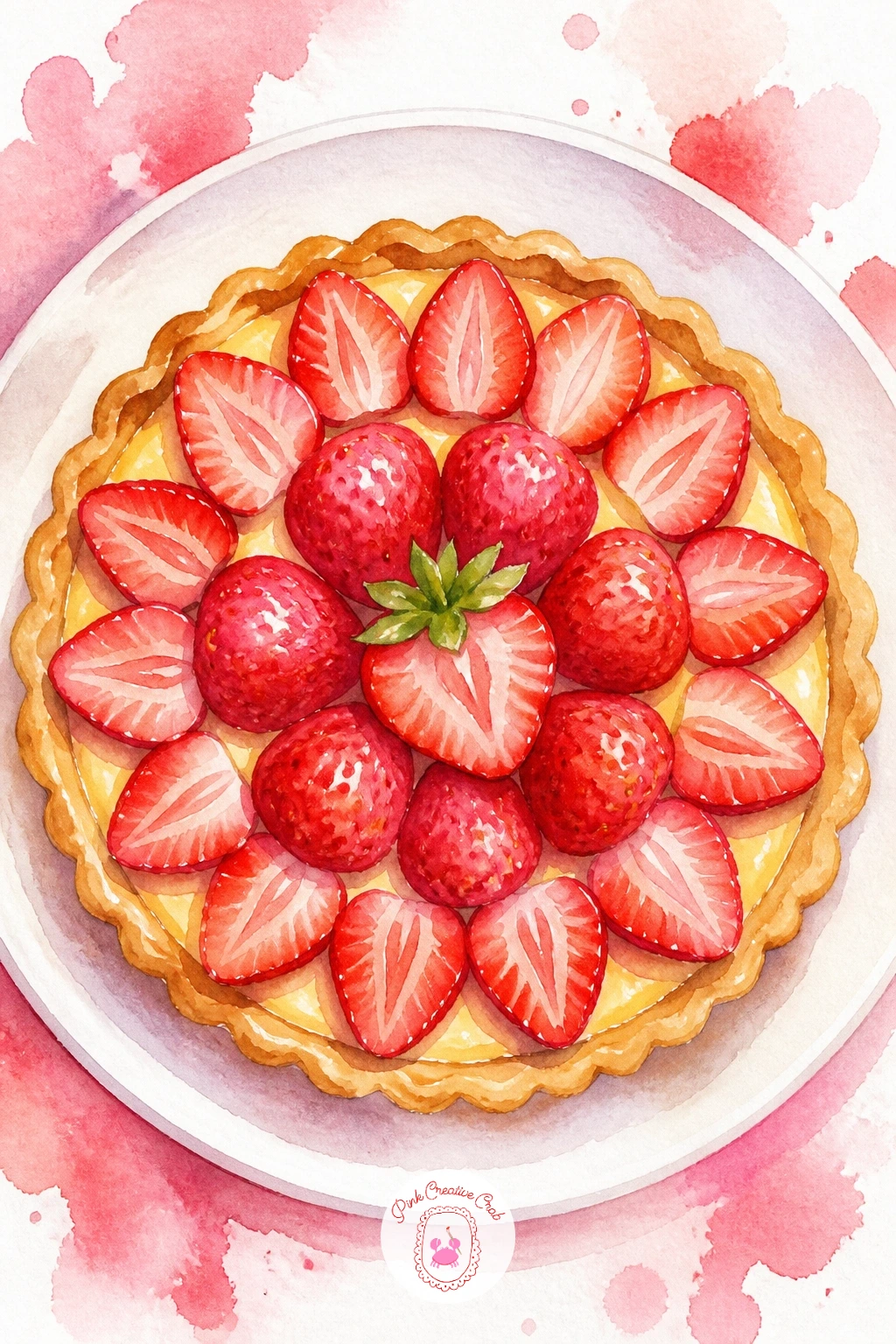 Strawberry Tart On A Plate — Slow down for this one, since a tart rewards a bit more patience than a slice of cake. Watercolor strawberries