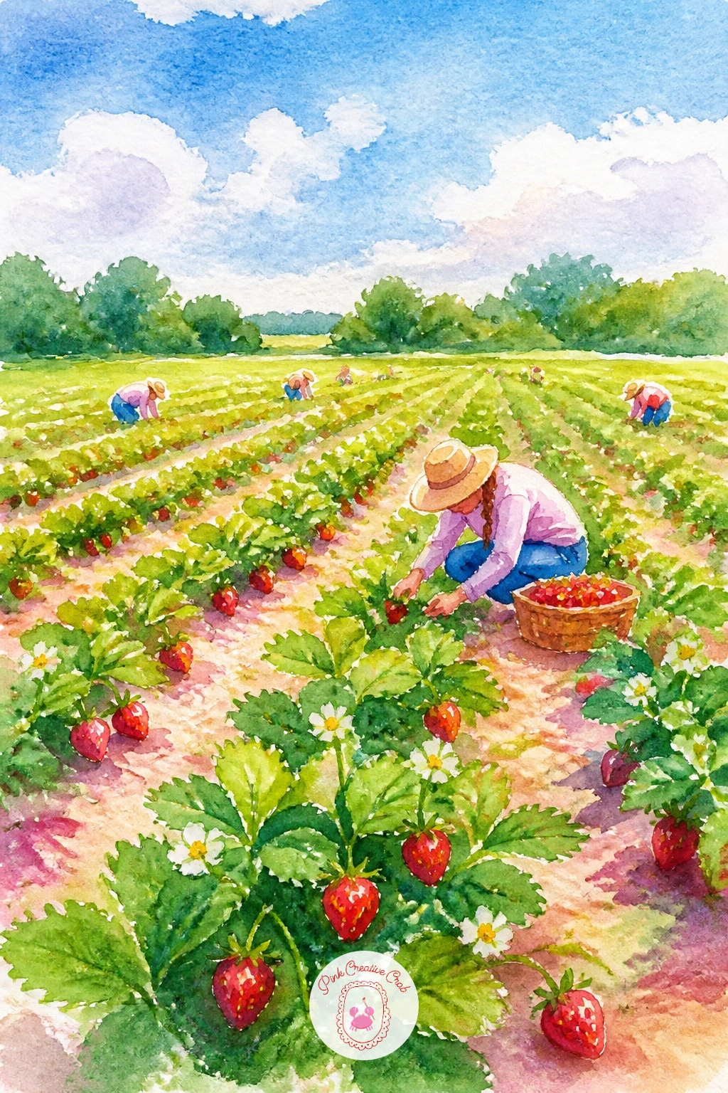 Strawberry Field With Pickers — Zoom right out for this landscape moment, which is the most involved scene on this list so give it the most room on your page.