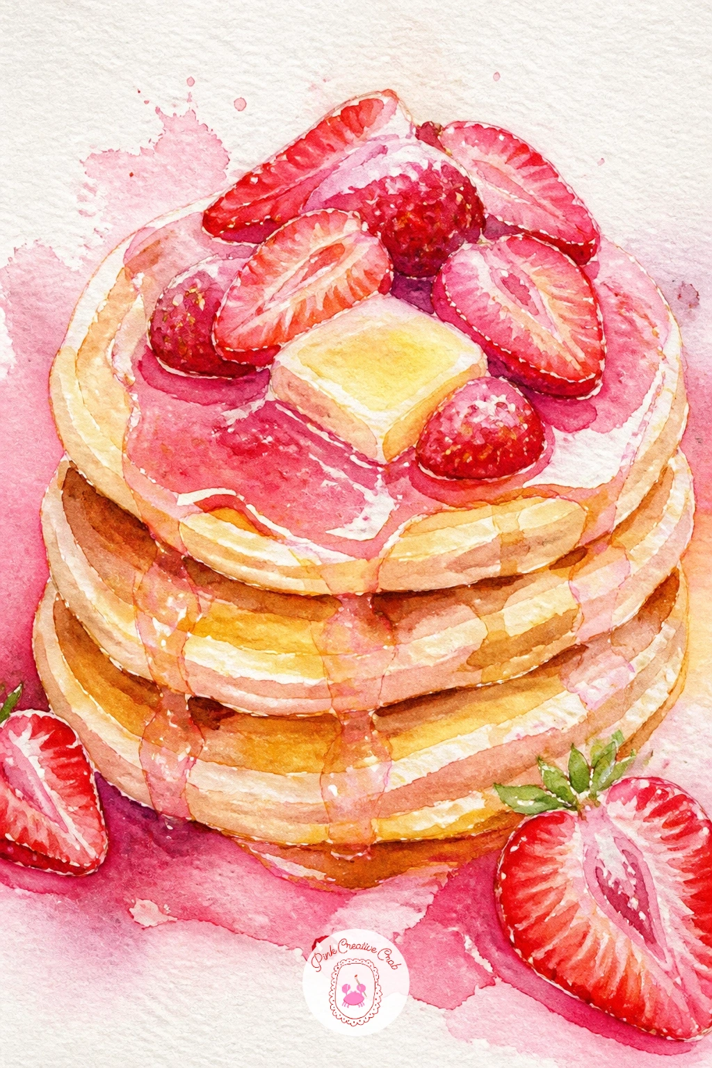 Strawberry Pancakes — Breakfast comes next, a stack that is mostly about getting the layers right. Watercolor strawberries