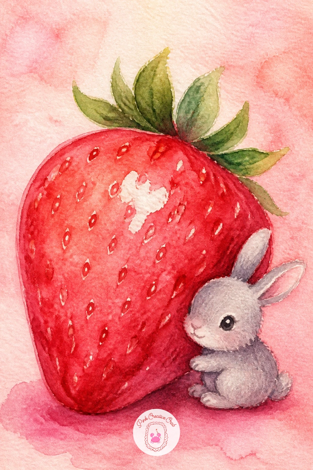 Strawberry With A Tiny Bunny — Switch to something small and charming here, just one berry and one tiny creature. Watercolor strawberries