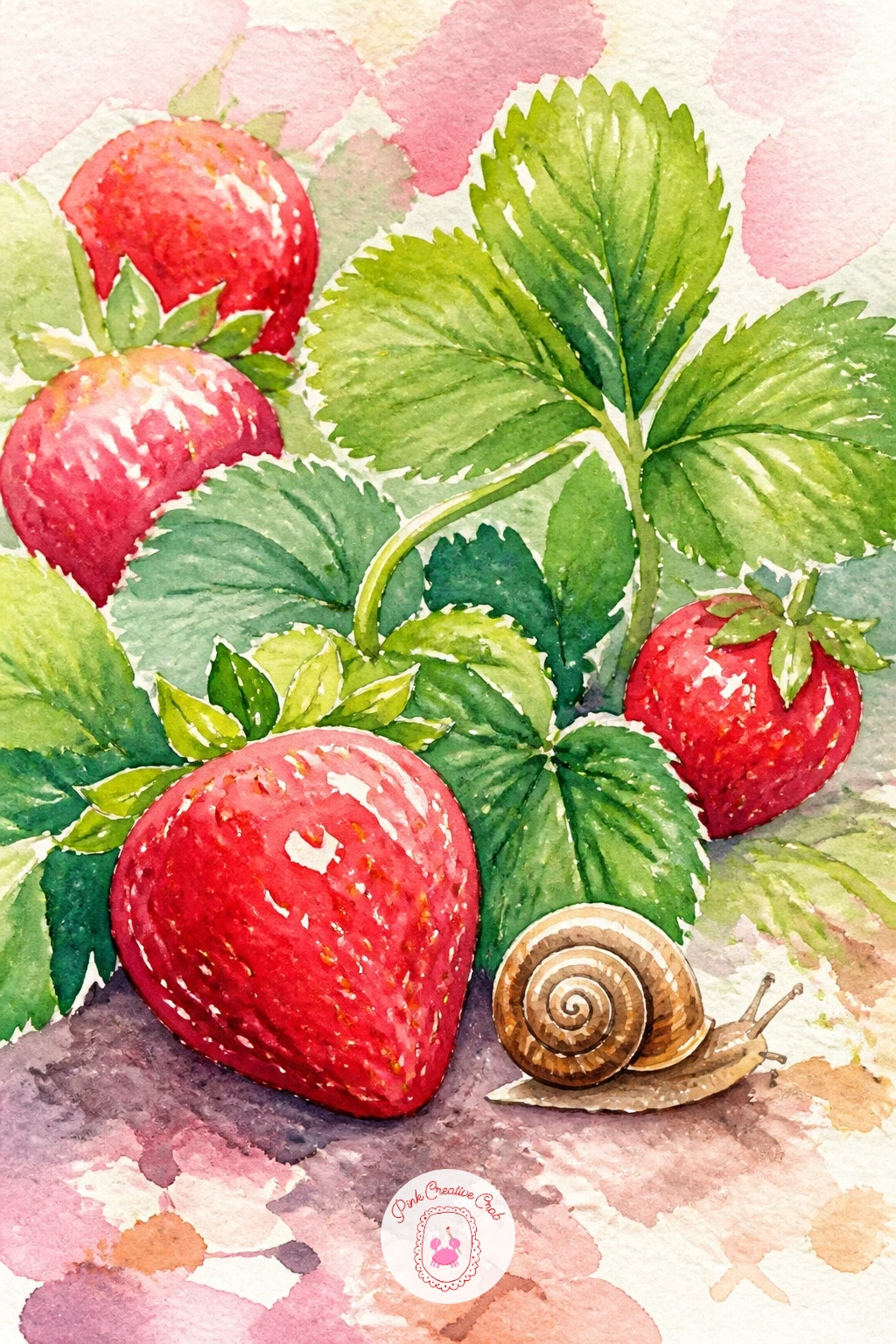Strawberry Patch With A Snail — Following the bunny, bring in another small garden creature for this ground level scene. Watercolor strawberries