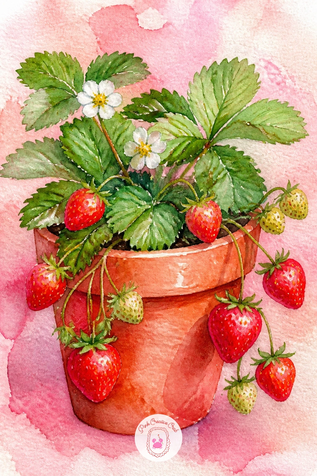 Strawberry Plant In A Terracotta Pot — Bring in a still life moment with this potted plant. Watercolor strawberries