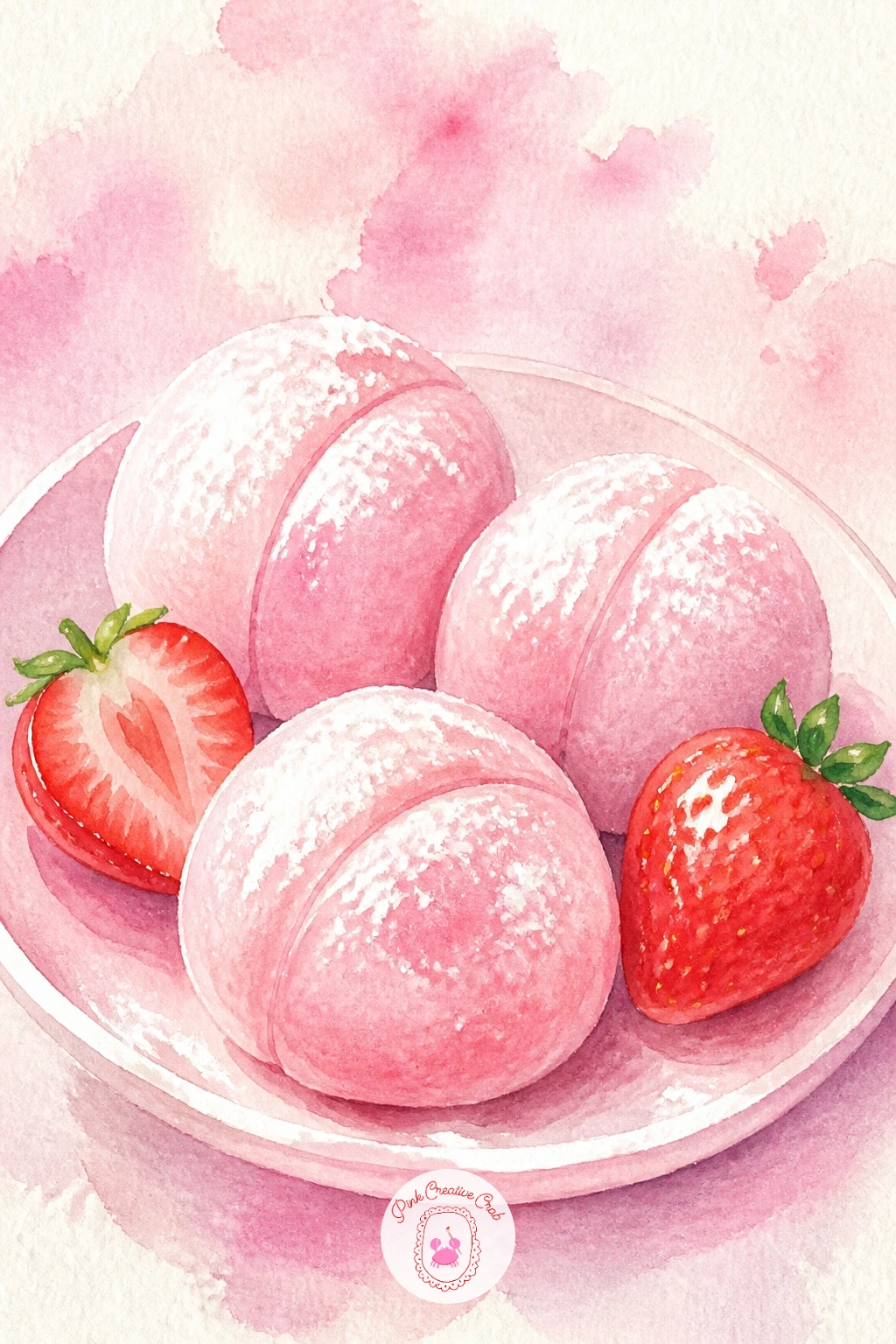 Strawberry Mochi — Shift to something small and soft for this one. Watercolor strawberries
