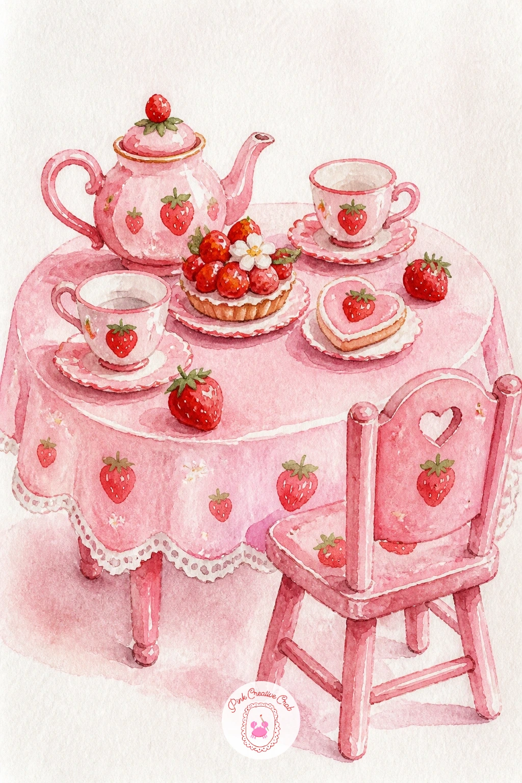 Strawberry Tea Party For Dolls — Scale everything down for this whimsical little scene. Watercolor strawberries