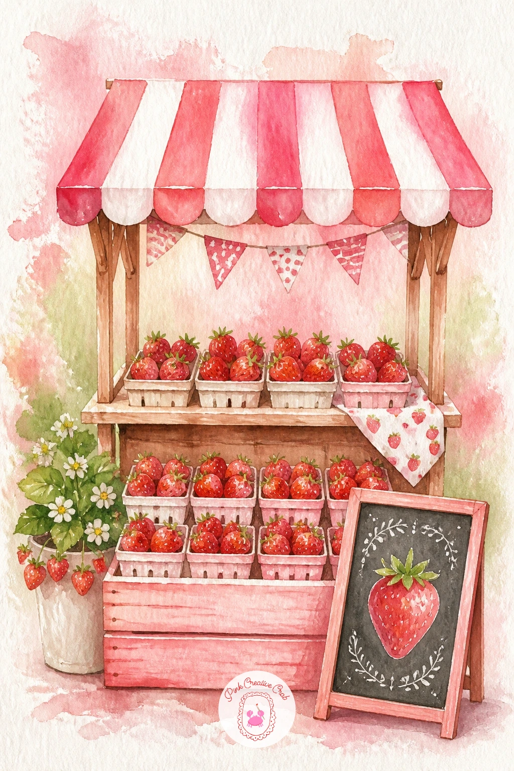 Strawberry Market Stall — Build a small scene for this one rather than a single object. Watercolor strawberries