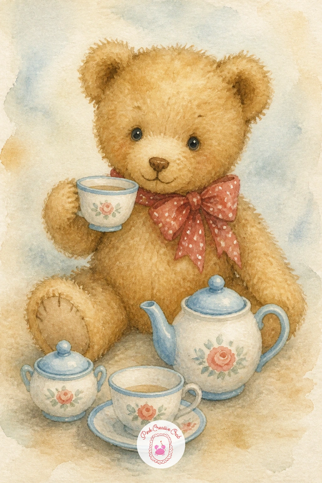 Teddy Bear Tea Party — Start with the easiest bear on the list: a teddy bear having a tea party, sitting cross legged behind a tiny cup and saucer. Teddy bear