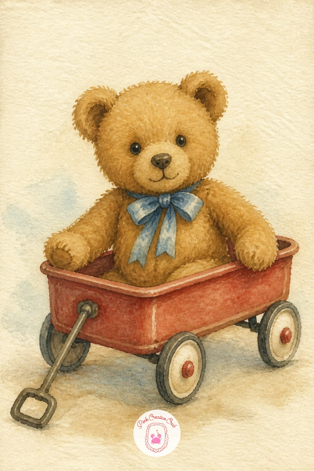 Teddy Bear in a Wagon — Give the tea party bear a ride next: a teddy bear in a wagon, paws resting on the sides as if he is about to roll downhill. Teddy bear