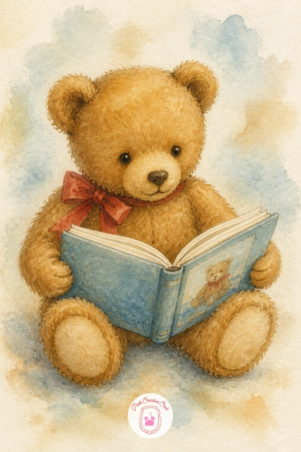 Teddy Bear Reading a Picture Book — Settle the next bear in for story time: a teddy bear reading a picture book, propped up with the book open across his lap.