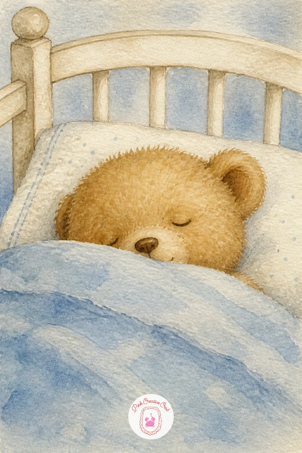 Teddy Bear Asleep in a Crib — Slow the pace down with a quiet one: a teddy bear asleep in a crib, tucked under a small blanket with just his head and one ear