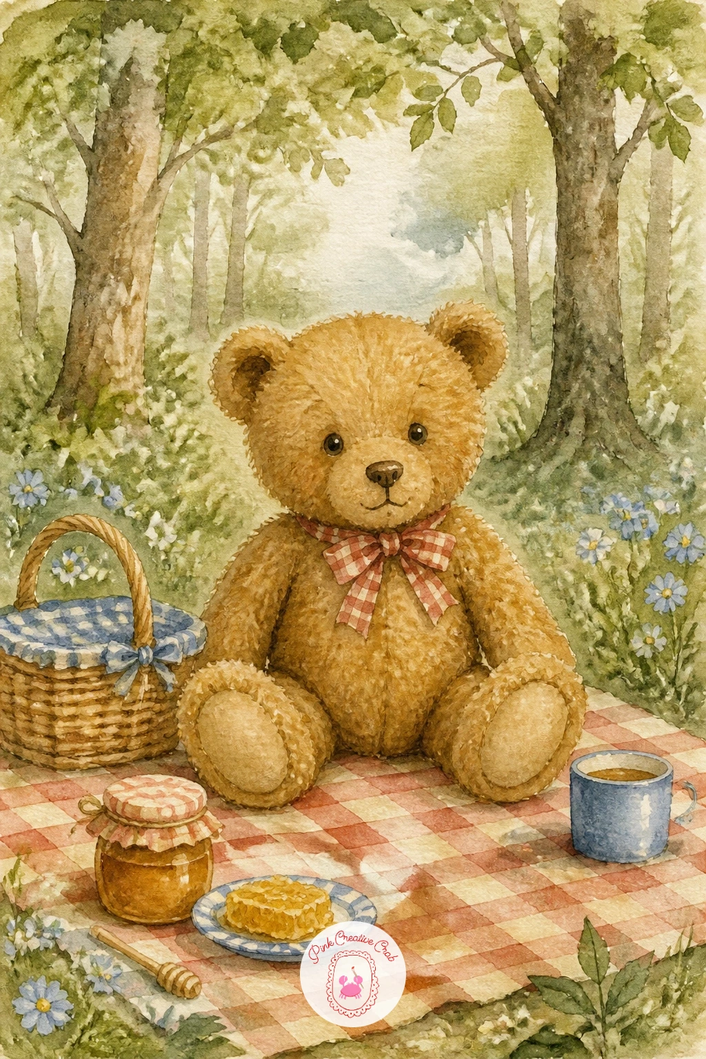 Teddy Bear Picnic in the Woods — Take the bears outdoors for a teddy bear picnic in the woods, a small checked blanket spread under a loose suggestion of