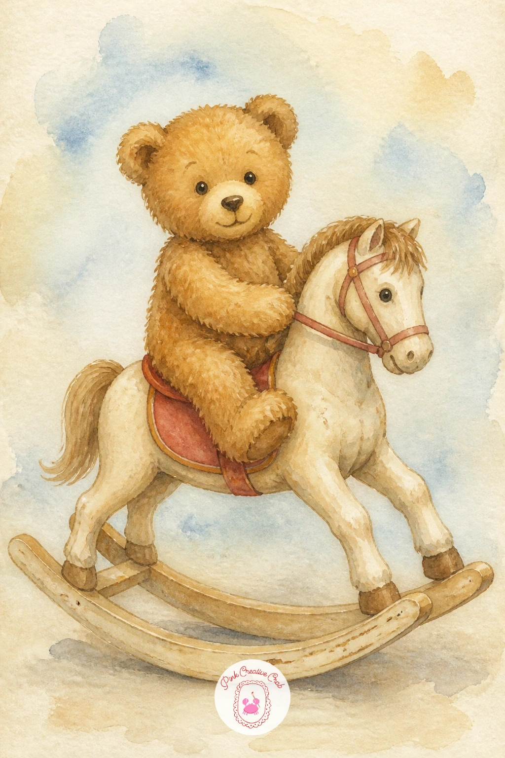 Teddy Bear on a Rocking Horse — Raise the bear up onto a toy for this one: a teddy bear on a rocking horse, paws gripping the handles and the curved rockers