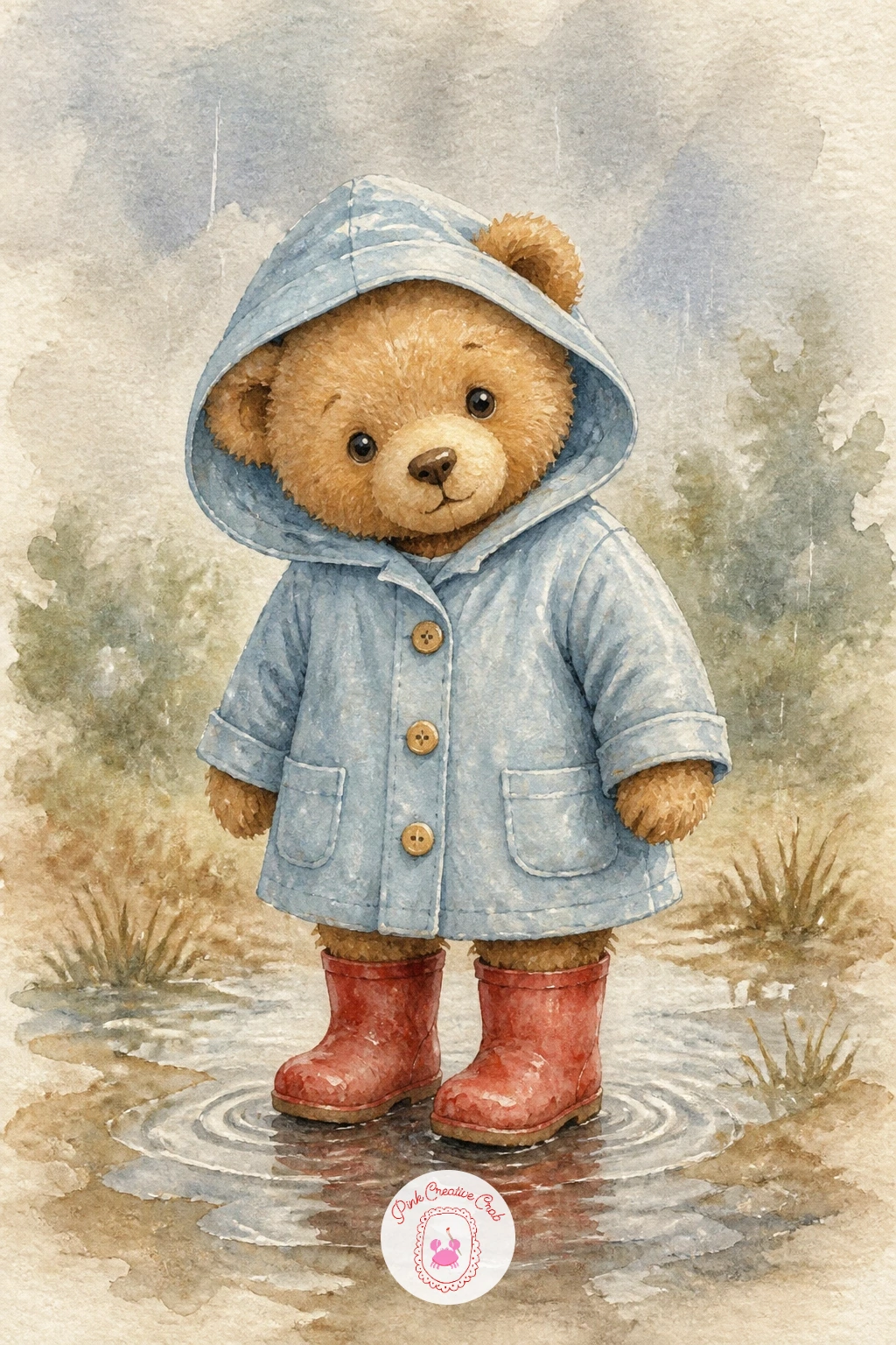 Teddy Bear in a Raincoat — Move a bear outdoors for weather: a teddy bear in a raincoat, standing in a puddle with his little rain boots on. Teddy bear
