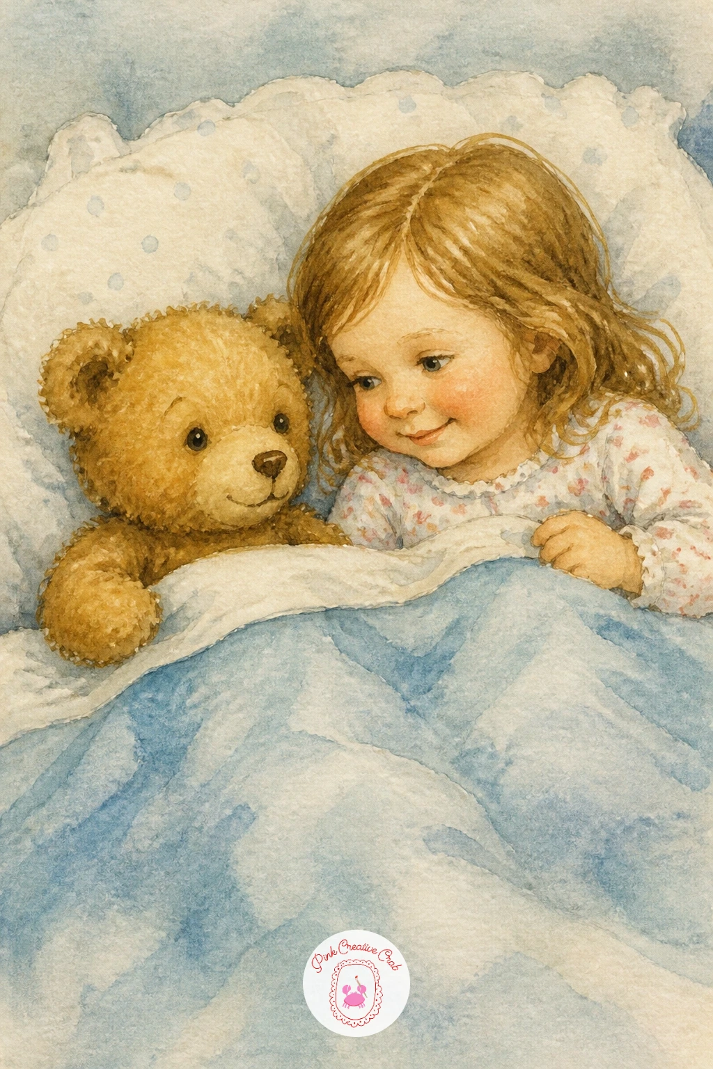 Teddy Bear With a Little Girl in Bed — Bring the nostalgia home with this quiet pair: a teddy bear with a little girl in bed, both tucked under the same