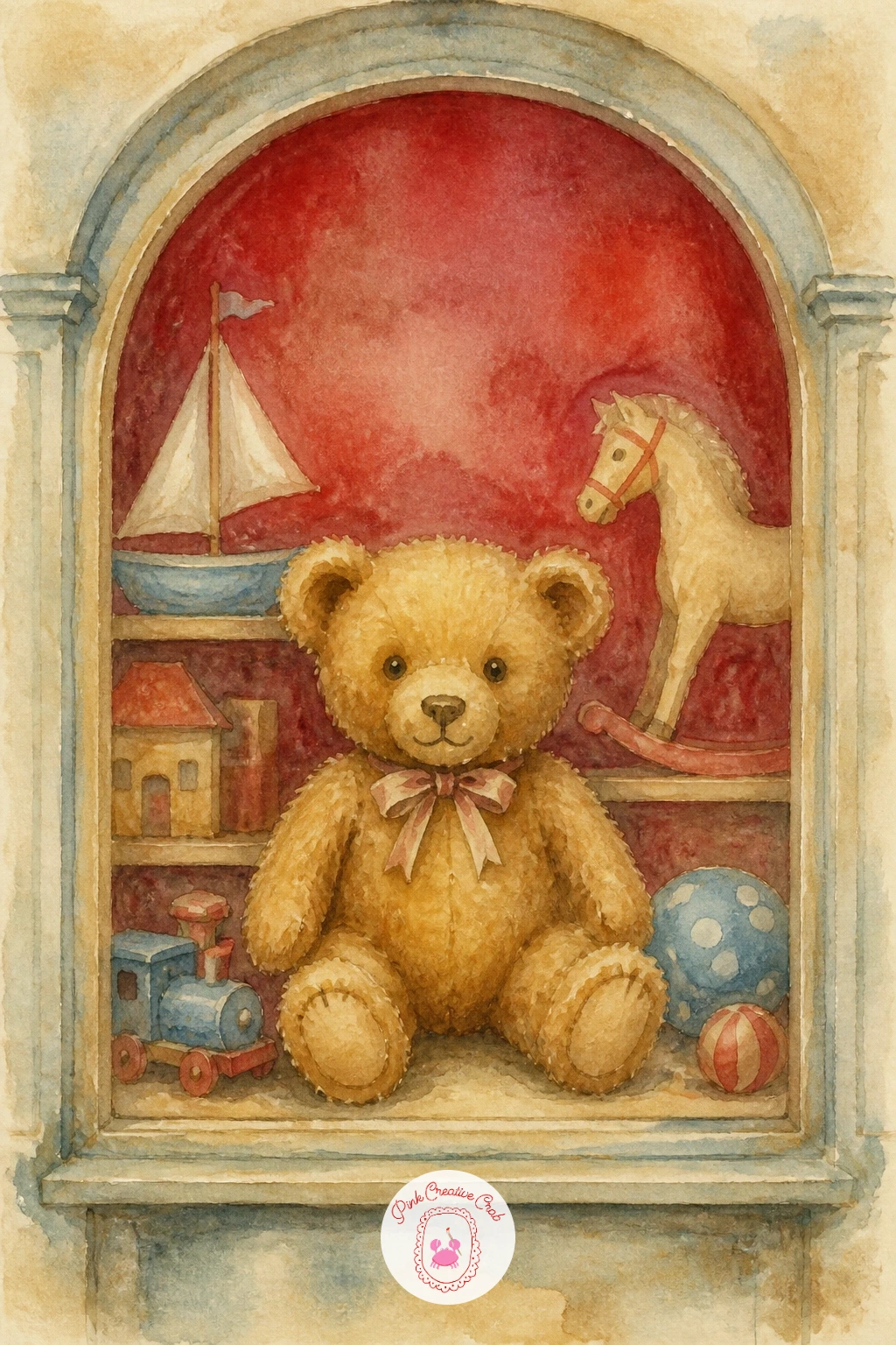 Teddy Bear in a Toy Shop Window — Give a single bear some stage presence: a teddy bear in a toy shop window, framed by a simple arched window and a dusting of