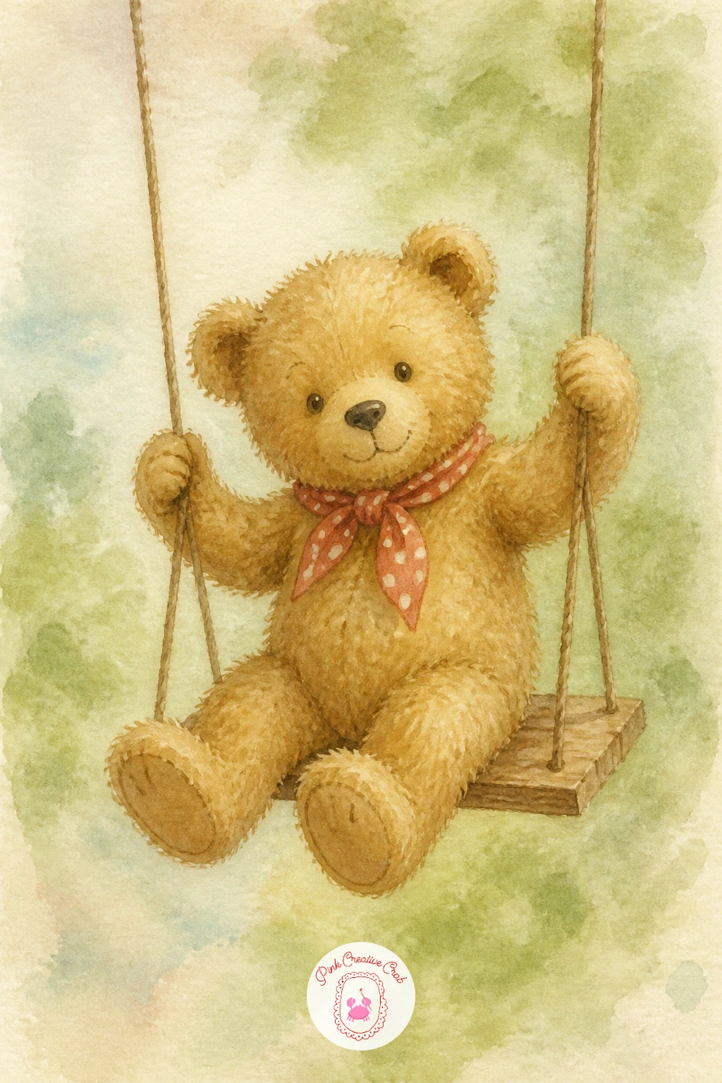 Teddy Bear on a Swing — Add a little motion with a teddy bear on a swing, paws curled around two thin ropes as he hangs mid-air. Teddy bear watercolor