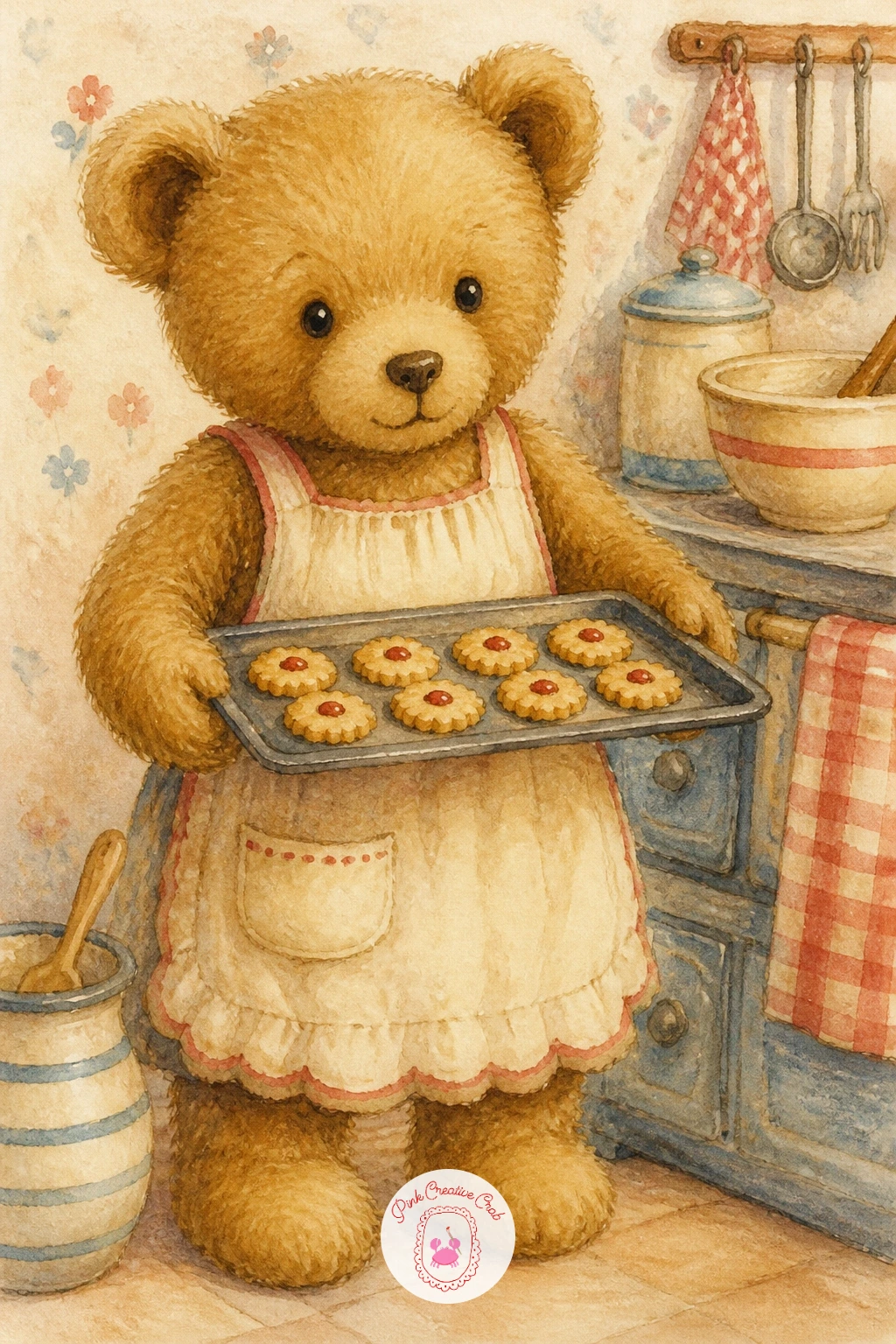 Teddy Bear Baking Cookies — Warm the kitchen up next: a teddy bear baking cookies, an apron tied over his belly and a small tray of rounds in his paws. Teddy
