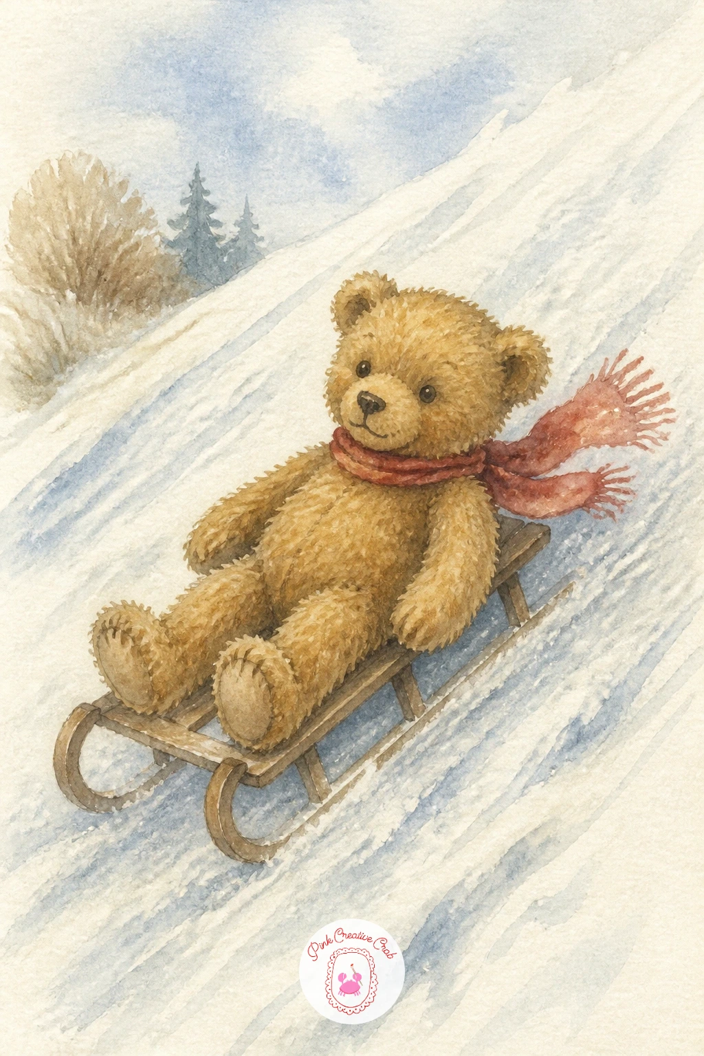Teddy Bear on a Sled — Take a bear into the snow with a teddy bear on a sled, lying forward on his belly as if mid-slide down a hill. Teddy bear watercolor