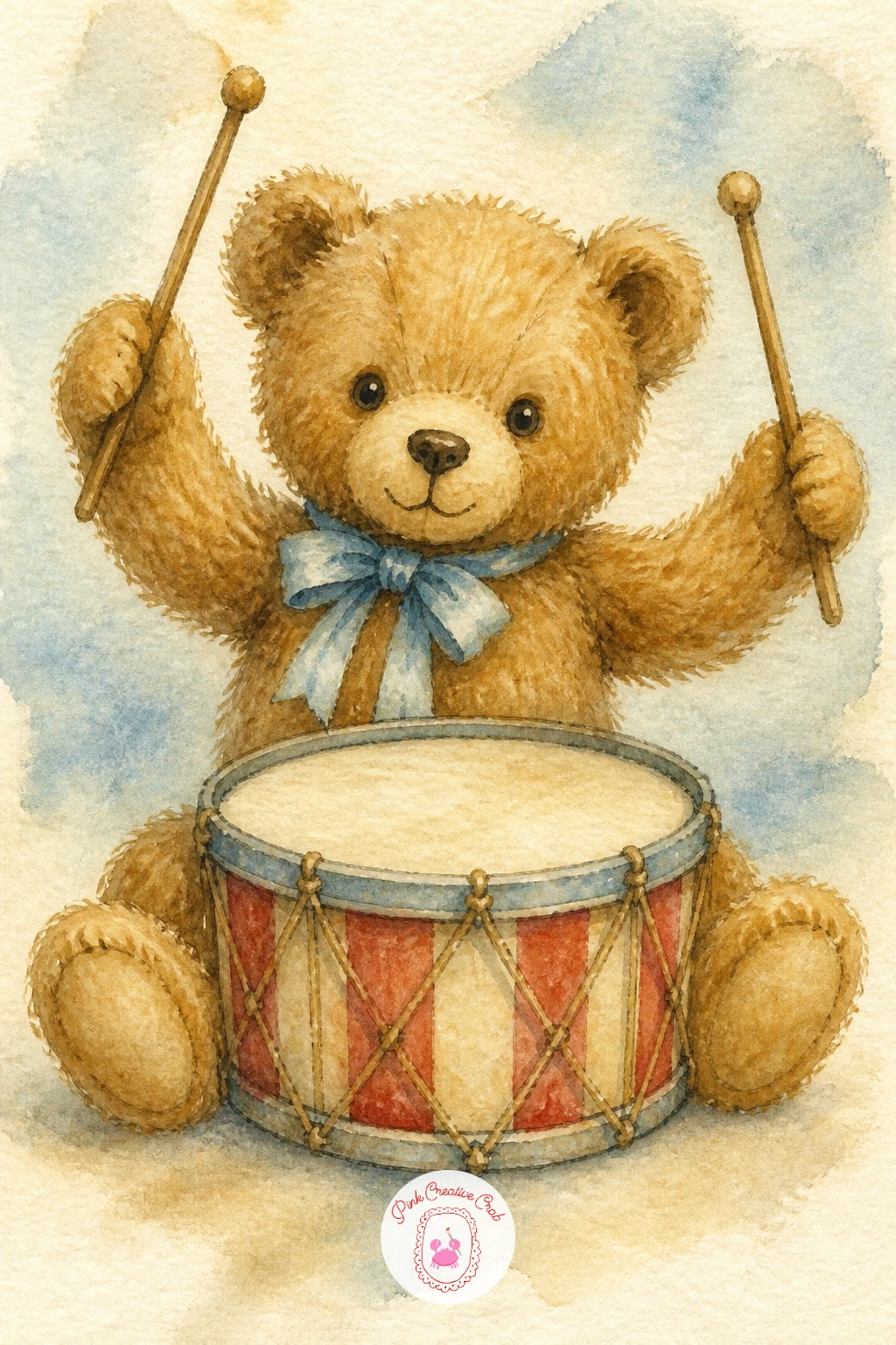 Teddy Bear Playing a Drum — Give this bear a job to do: a teddy bear playing a drum, paws raised with two small drumsticks mid-beat. Teddy bear watercolor