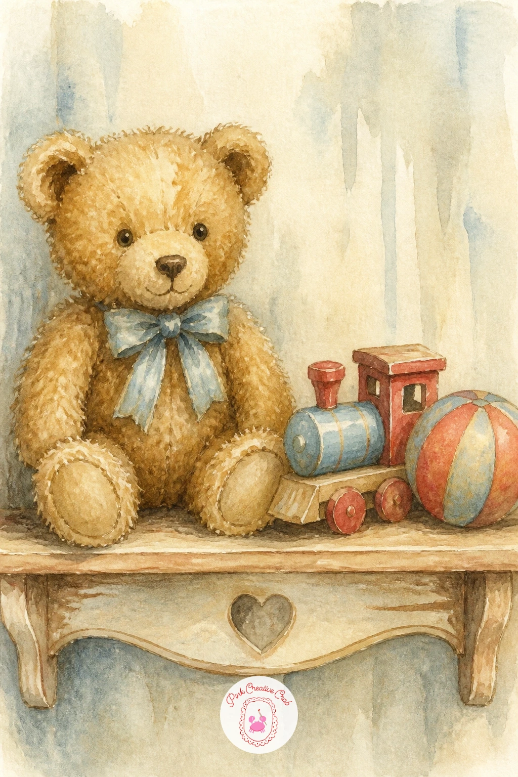 Teddy Bear on a Shelf With Toys — Widen the scene for this one: a teddy bear on a shelf with toys, sitting among a small wooden train, a ball and a tin