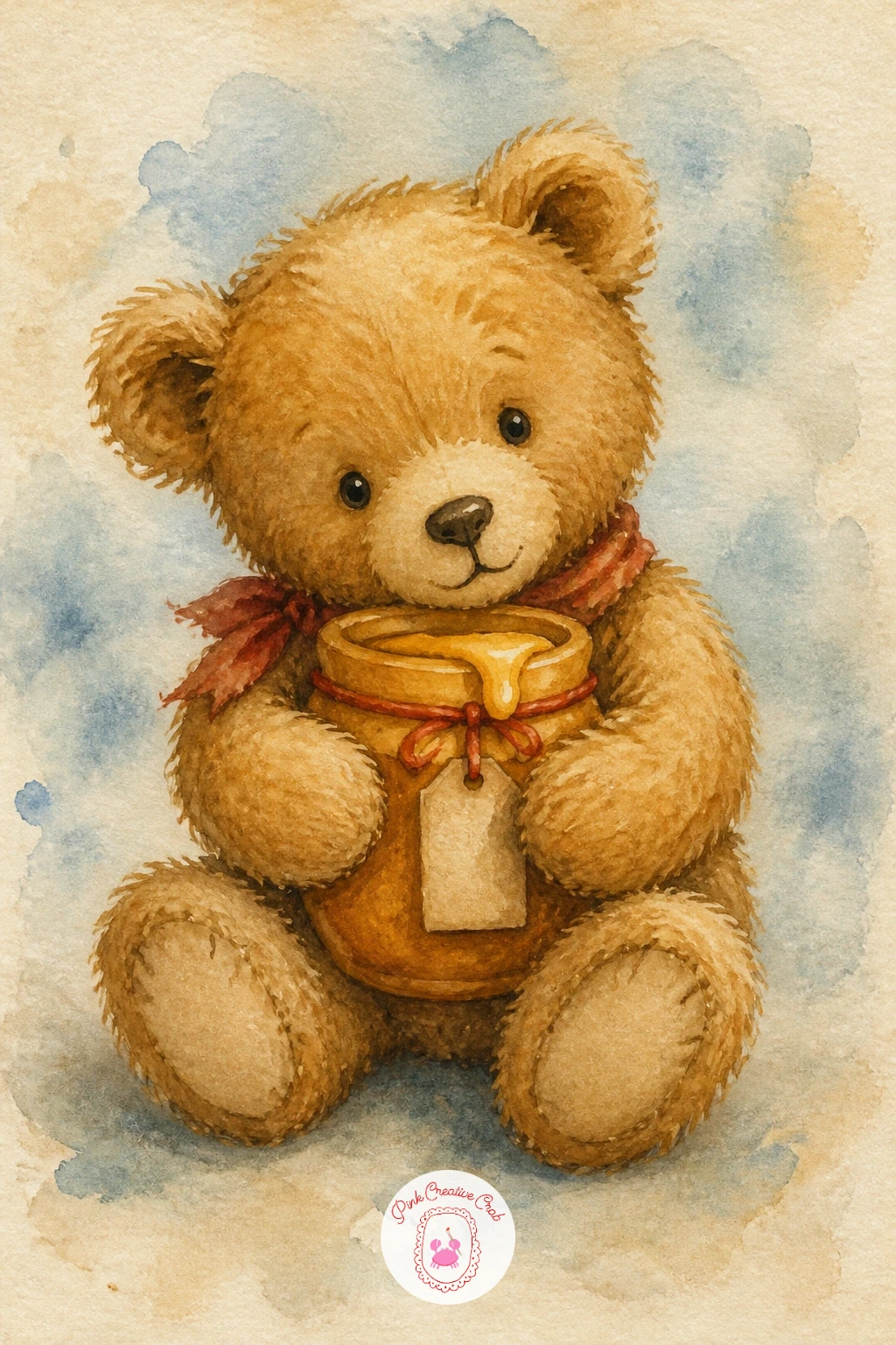 Teddy Bear With a Honey Pot — Return to a classic pairing: a teddy bear with a honey pot, both paws wrapped around a small round jar. Teddy bear watercolor