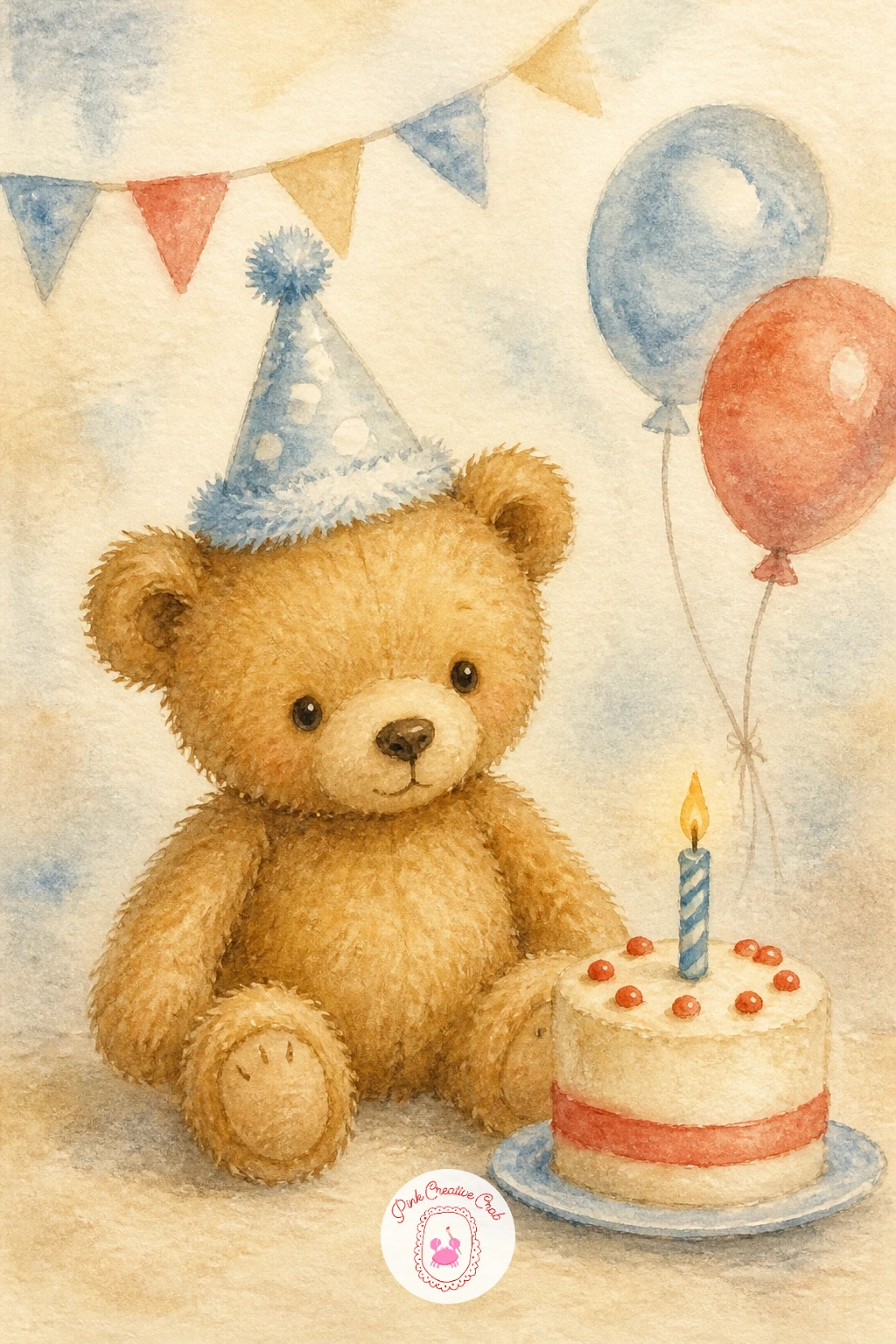 Teddy Bear Birthday — Celebrate with a teddy bear birthday scene, a small party hat on his head and a single candle lit on a tiny cake in front of him. Teddy