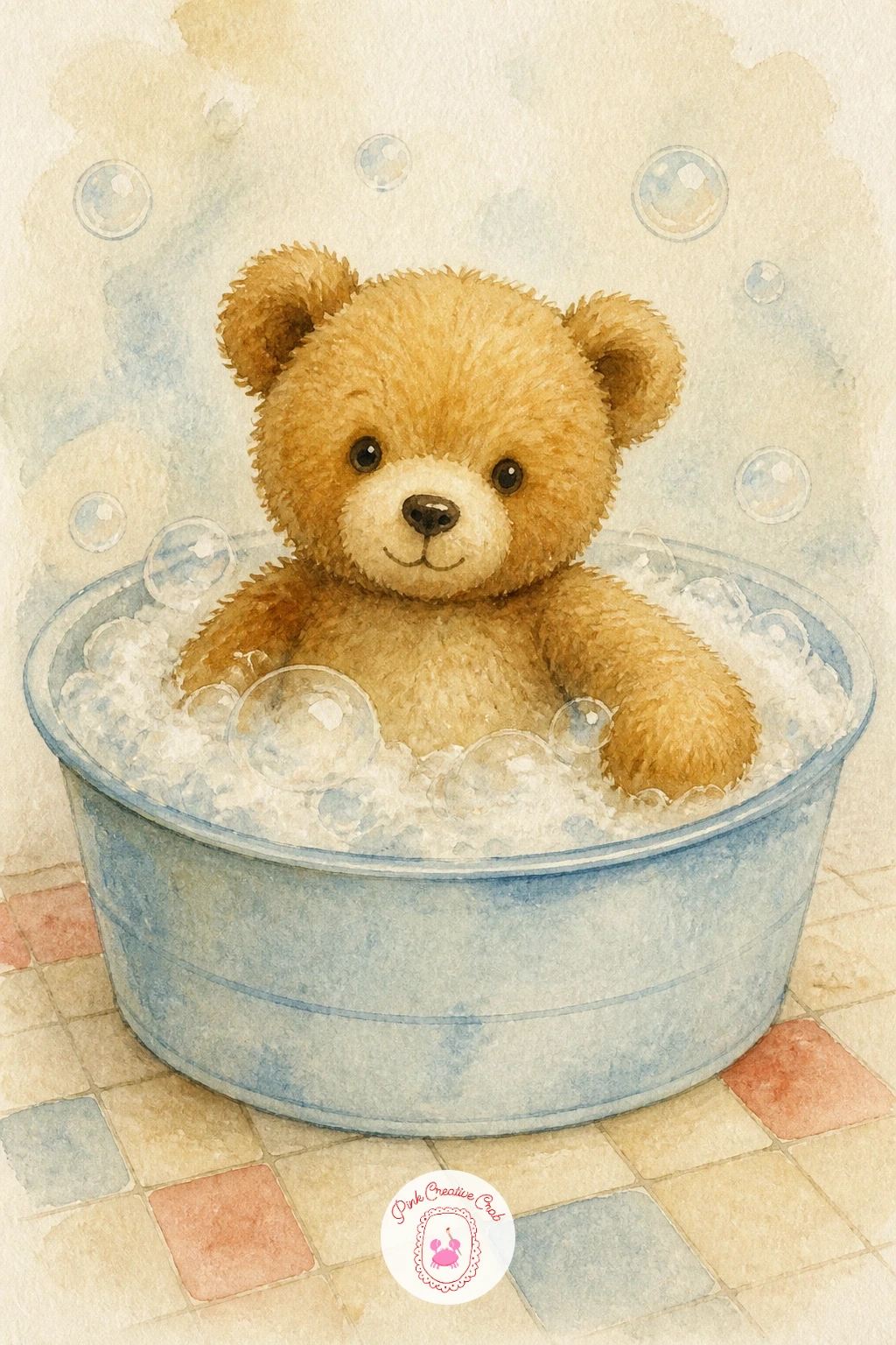 Teddy Bear in a Bath — Bring a bear in for bath time: a teddy bear in a bath, surrounded by a few soft bubbles and sitting in a round tin tub. Teddy bear