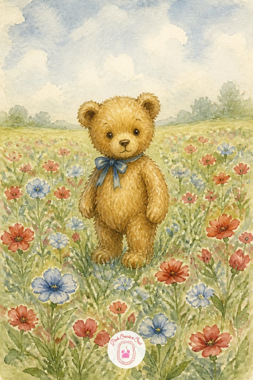 Teddy Bear in a Flower Field — Let a bear wander into open ground with a teddy bear in a flower field, standing small against a wide stretch of green and
