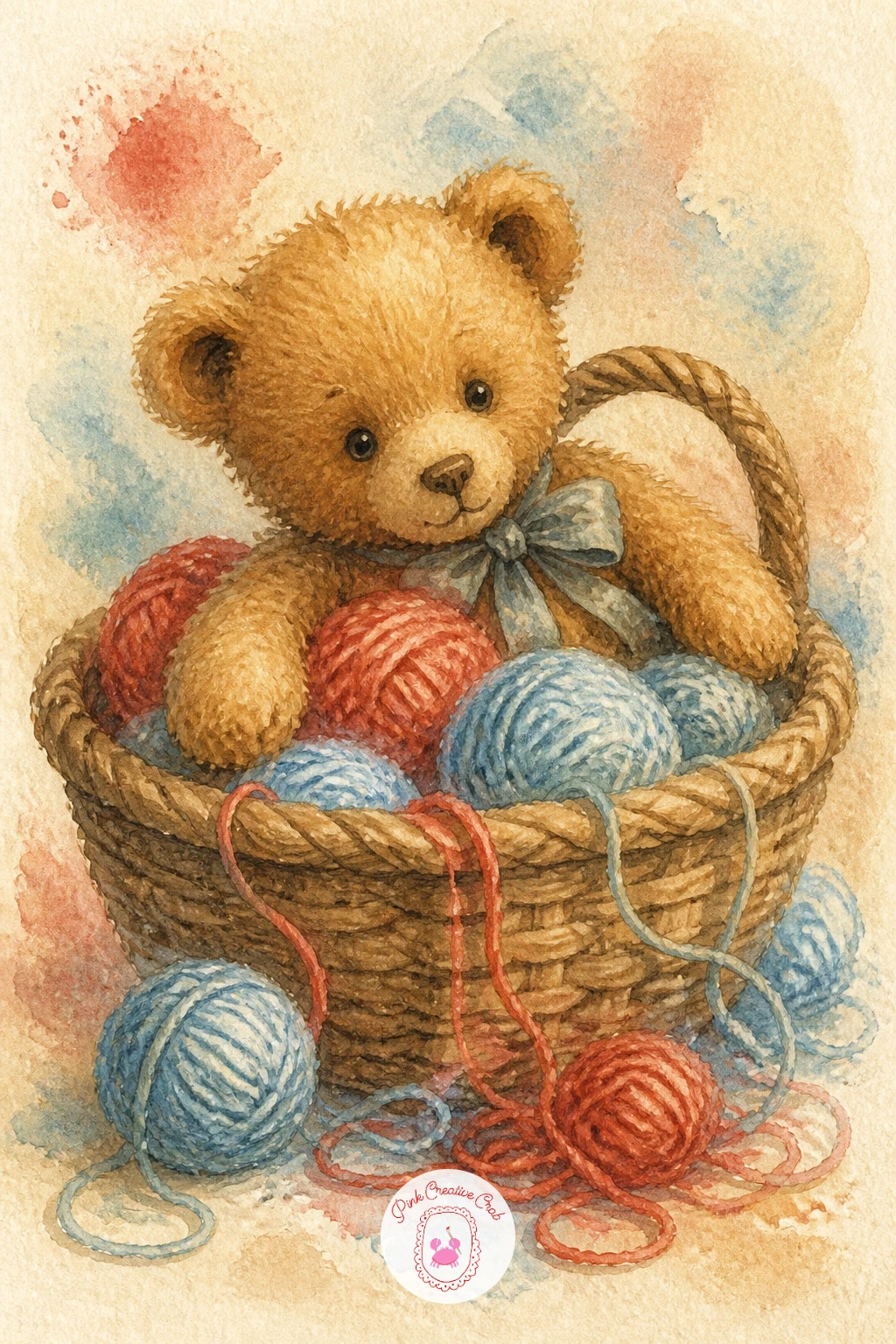 Teddy Bear in a Basket of Yarn — Settle a bear into something cozy and textured: a teddy bear in a basket of yarn, curled among a few loose loops and a dropped