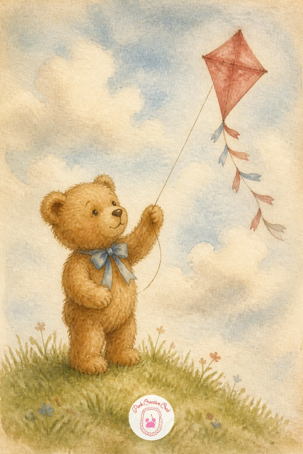 Teddy Bear With a Kite — Send one bear up into the open air with a teddy bear with a kite, standing on a small grassy rise with the kite string trailing up and