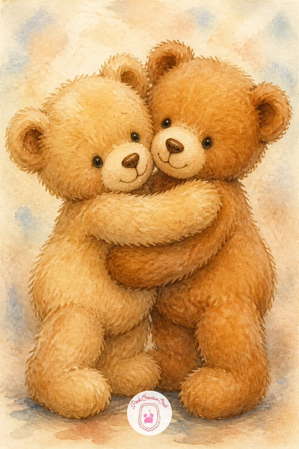 Teddy Bear Hug — Bring two bears together for a teddy bear hug, arms wrapped fully around each other so their bodies overlap into one soft shape. Teddy bear