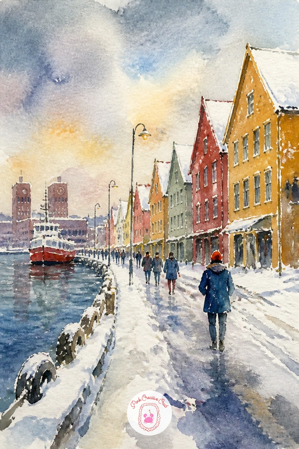 Oslo Harbor Street In Snow — Move from rain to snow with an Oslo harbor street, where the trick is painting white without touching white paint. Watercolor city