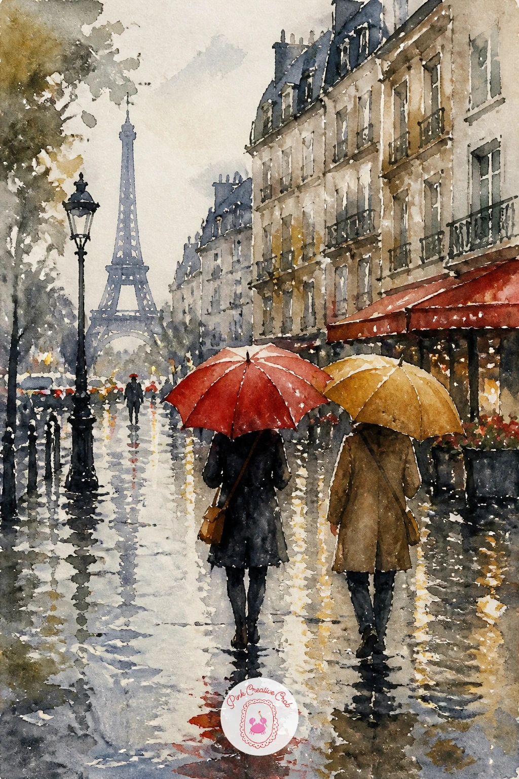 Rainy Paris Street With Umbrellas — Start the whole series with a rainy Paris street, because wet pavement is the most forgiving subject watercolor has.