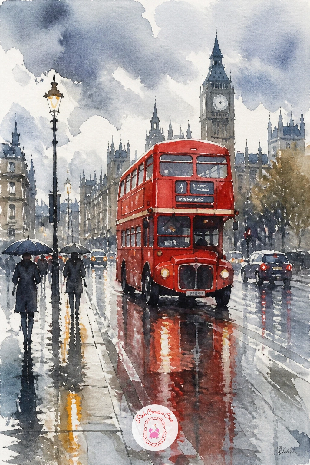 London Red Bus On A Wet Street — Keep the rainy mood going but raise the energy with a London red bus cutting through a wet street. Watercolor city