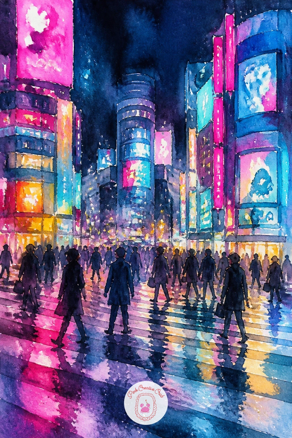 Tokyo Crossing With Neon Signs — Jump into night with a Tokyo crossing, where the whole painting is really about contrast between dark streets and glowing
