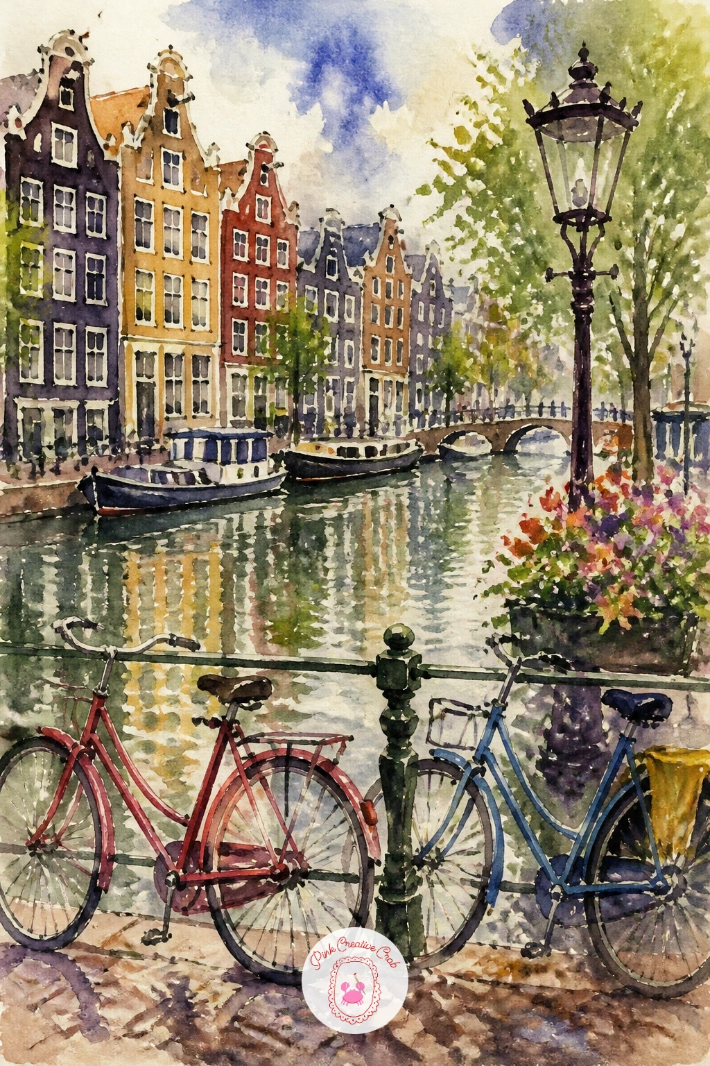 Amsterdam Canal With Bikes — Settle into daylight again with an Amsterdam canal, a subject built almost entirely from reflections and repetition. Watercolor