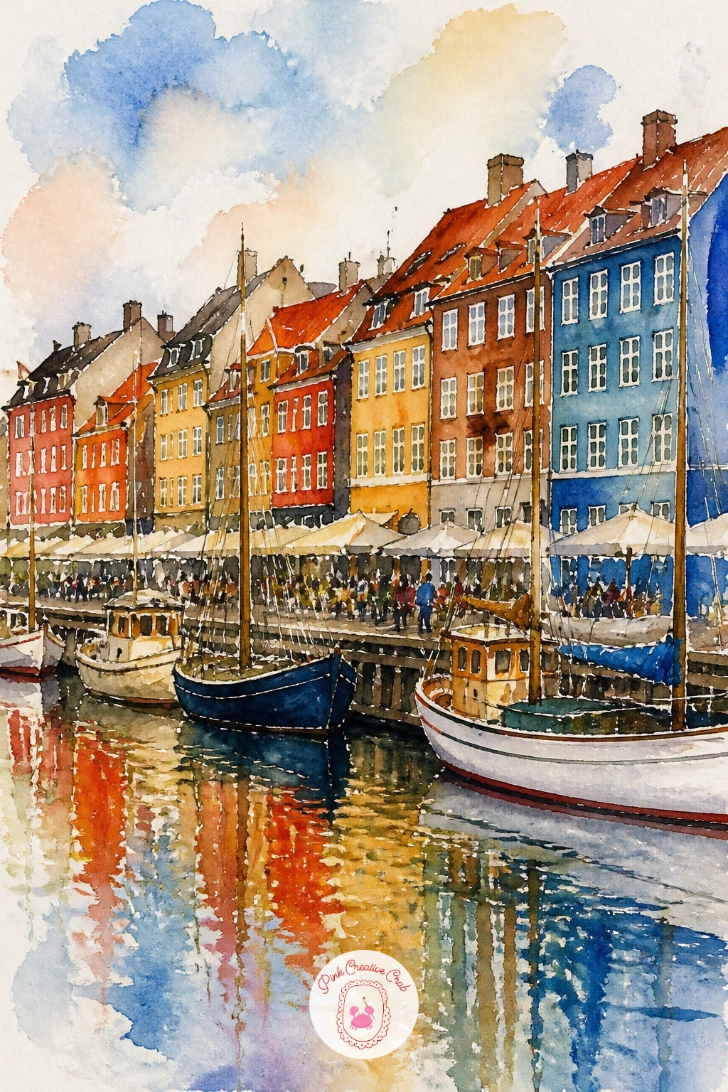 Copenhagen Harbor With Colorful Houses — Return to the water for a Copenhagen harbor, famous for its row of candy-colored facades along the canal. Watercolor