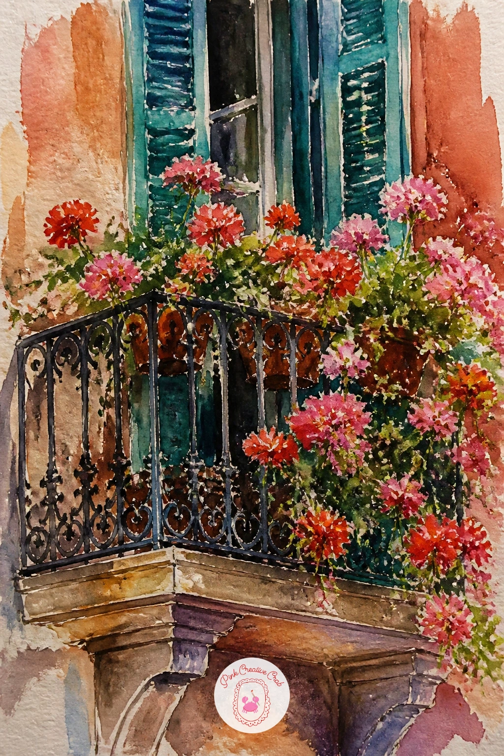 Barcelona Balcony With Flowers — Zoom in close for a Barcelona balcony, a nice change of pace after all those wide streets. Watercolor city