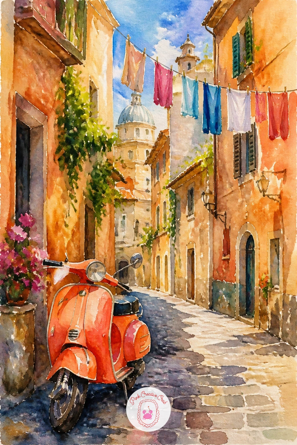 Rome Street With A Vespa — Bring some motion into the series with a Rome street and a Vespa parked or rolling along worn cobblestones. Watercolor city