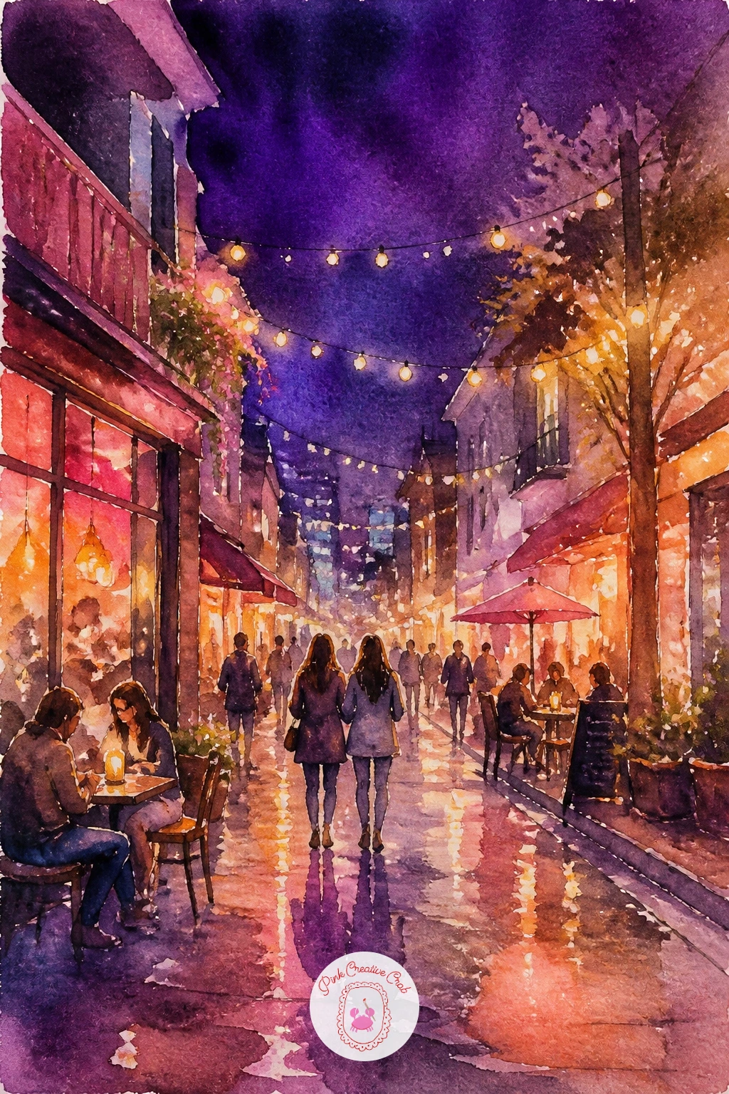 Seoul Cafe Street At Night — Return to night painting with a Seoul cafe street, softer and warmer than the Tokyo crossing but still built on dark and light