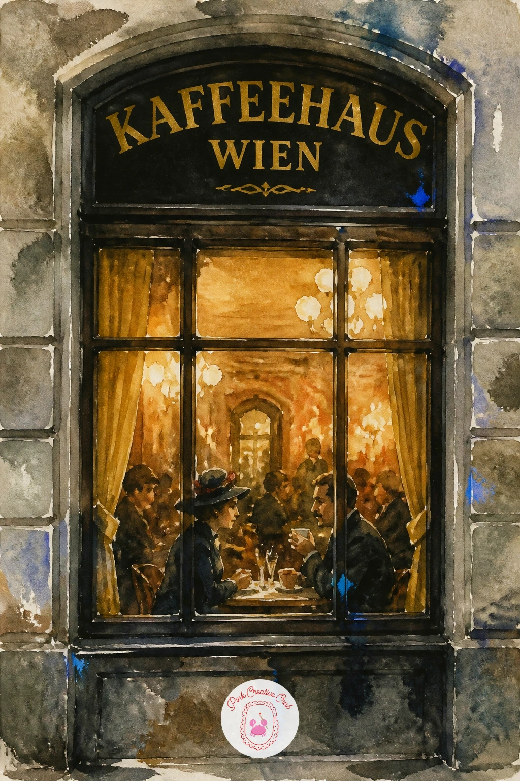 Vienna Coffee House Window — Bring the view in close again with a Vienna coffee house window, looking from the street toward the warm glow inside. Watercolor