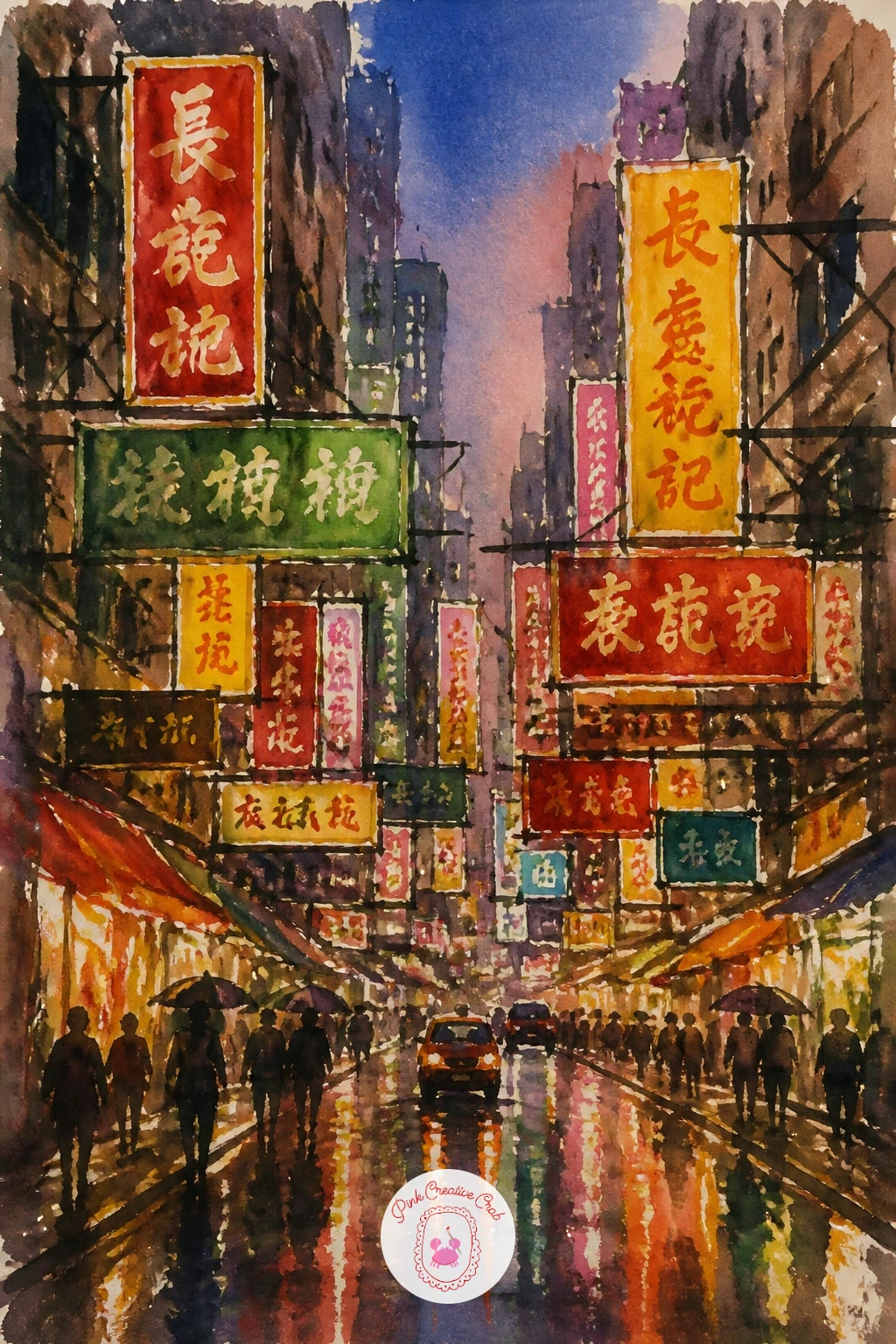 Hong Kong Street With Signs — Raise the density with a Hong Kong street, where tall overlapping neon signs are the whole point of the painting. Watercolor city