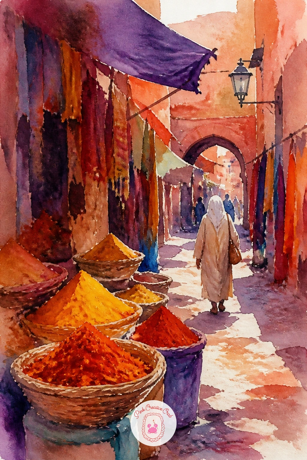 Marrakech Market Lane — Switch to warm daylight for a Marrakech market lane, full of spice baskets, lanterns and dappled shade. Watercolor city