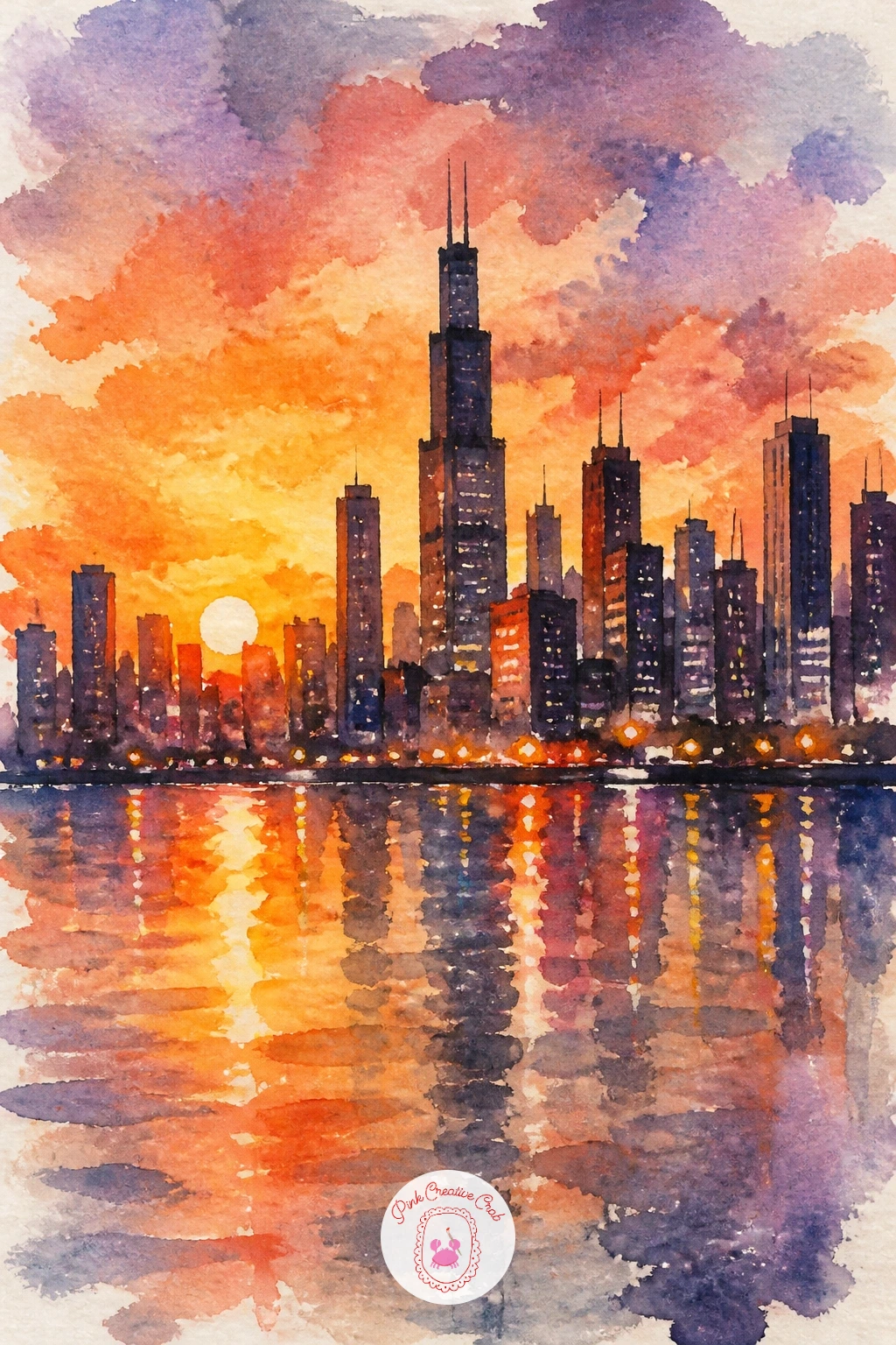 Chicago Skyline At Sunset — Pull back for a wide Chicago skyline at sunset, a chance to let color do most of the work. Watercolor city