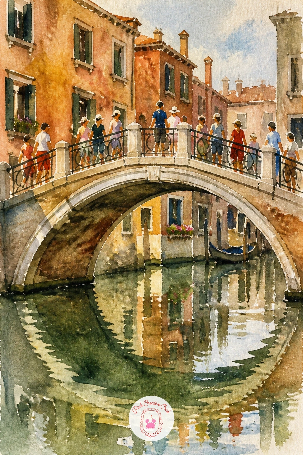 Venice Bridge With Tourists — Slow down for a Venice bridge, a composition built on the gentle arch shape and the water beneath it. Watercolor city