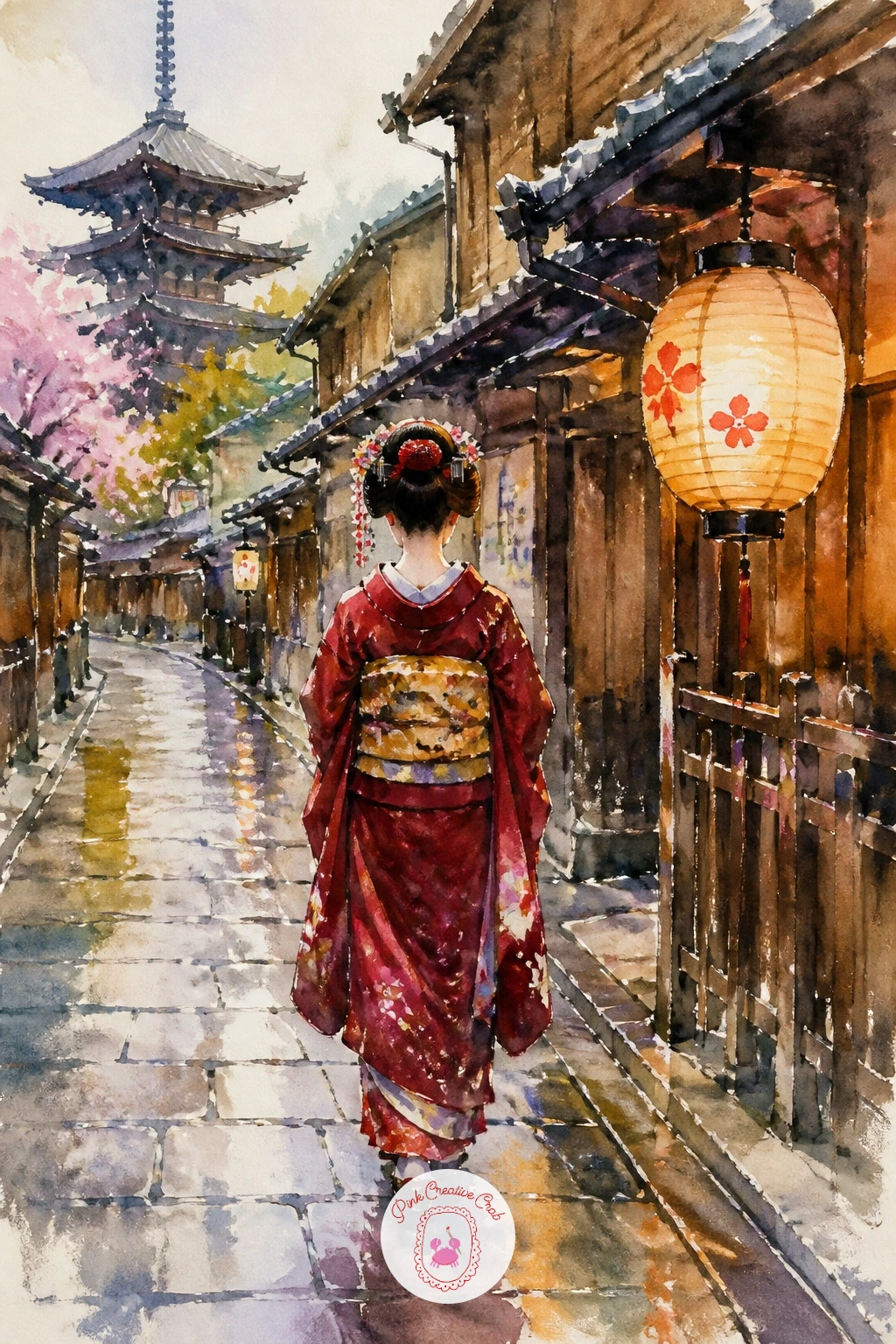 Kyoto Street With A Geisha Walking — Bring quiet elegance into the mix with a Kyoto street and a geisha walking along it in a patterned kimono. Watercolor city